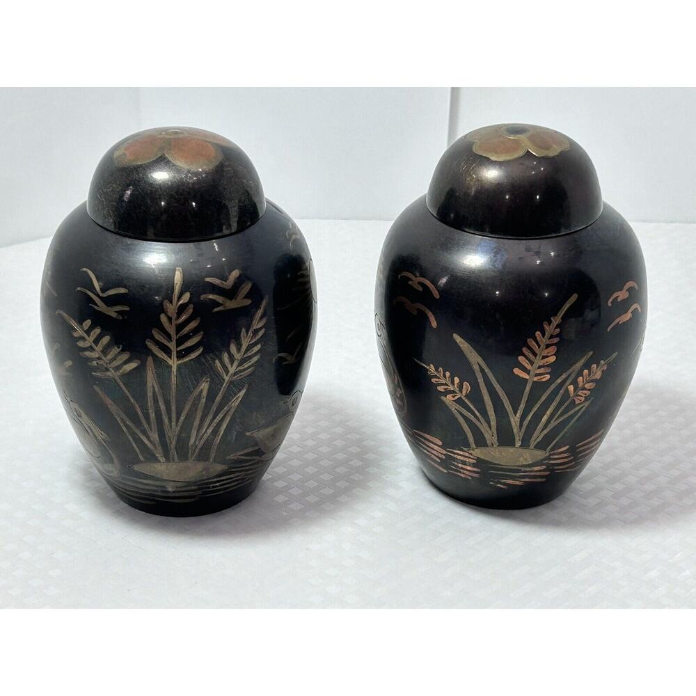 2 Vintage Tricolor Brass Swan Ginger Jar Urn Metal Lake Scene Asian Sunset India - Picture 2 of 13